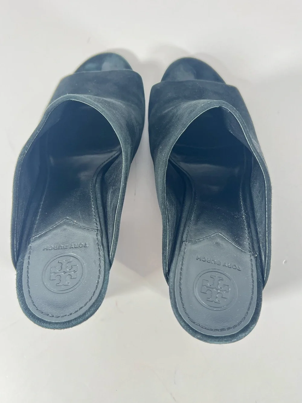 7241: Tory Burch Suede Embroidered Block Heel Mule Sandals Size 9